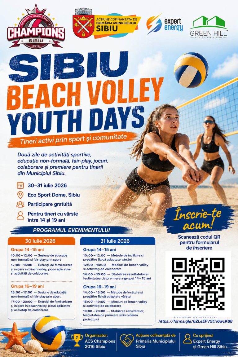27.07.2026🏐 Sibiu Beach Volley Youth Days aduce două zile pline de energie, sport, fair-play și distracție pentru tinerii din Sibiu