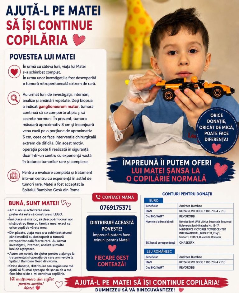 7.06.2026Vă invităm să citiți povestea lui Matei și, dacă simțiți că puteți întinde o mână de ajutor, să faceți parte din această echipă a b